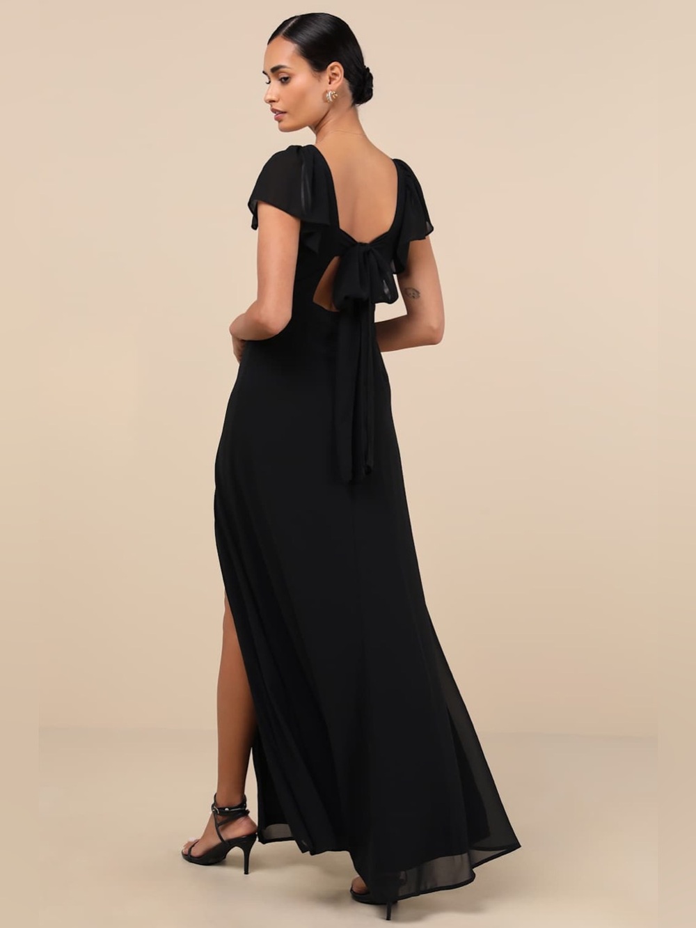 NWT Lulus Simply Delightful Black Tie-Back Flutter Sleeve Maxi Dress - Picture 2 of 5